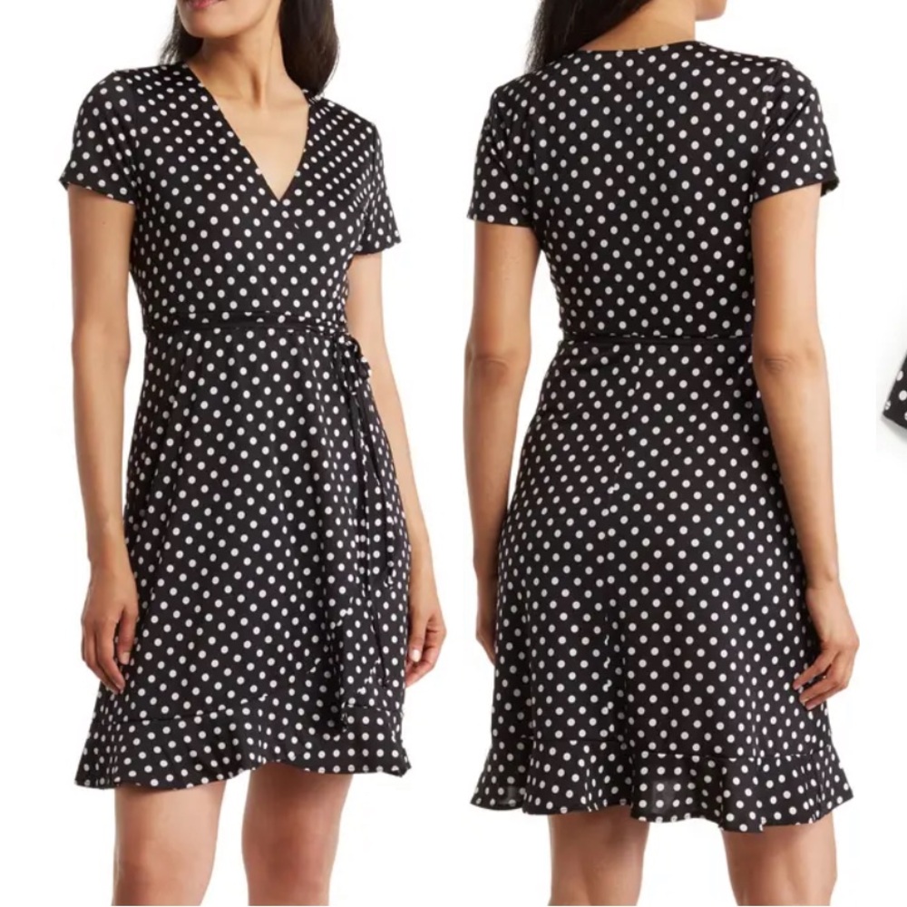 NWT Tash + Sophie Black and White Polka Dot Wrap Dress Size Medium
